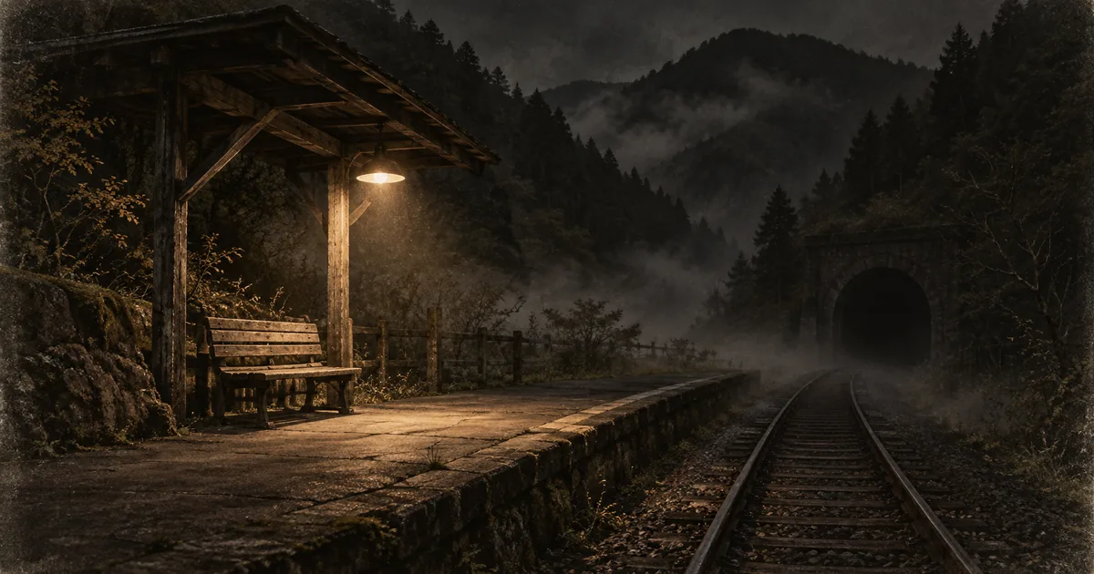 AI生成イメージ：山奥の無人駅の夜、灯りひとつのホームと空のベンチ、霧の中をトンネルへ消える線路